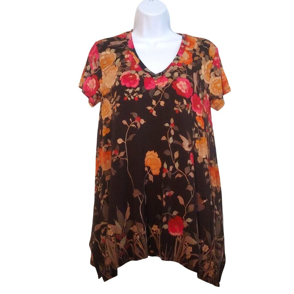 Johnny Was Floral Graceful Drape V-Neck Soft Colorful Career Travel S-Sleeve S